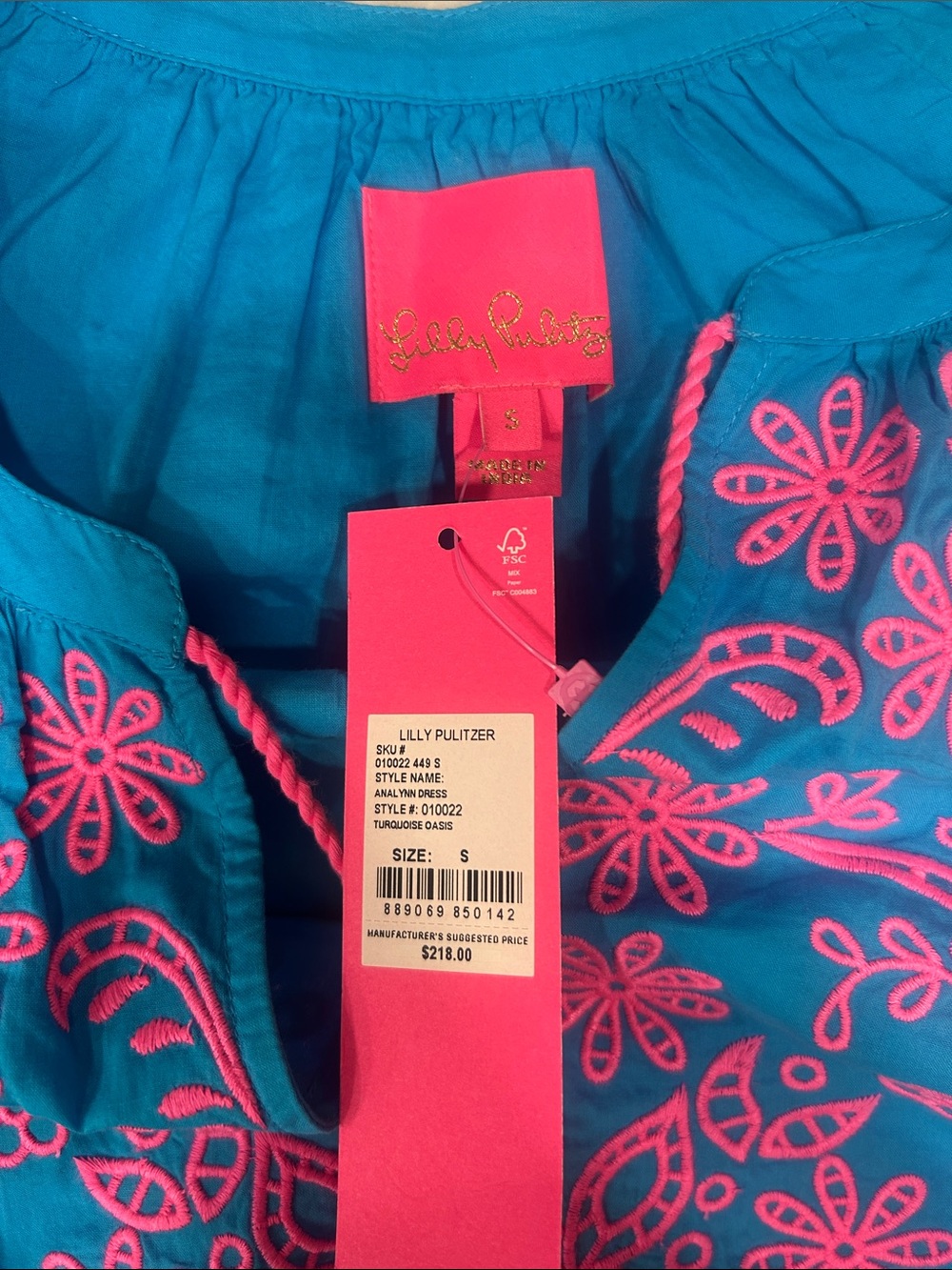 Lilly Pulitzer Turquoise Dress with Hot Pink Embroidery